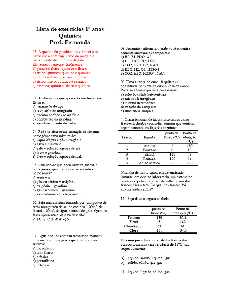 Lista de Exercícios de Química - 1º Ano | PDF | Mistura | Química