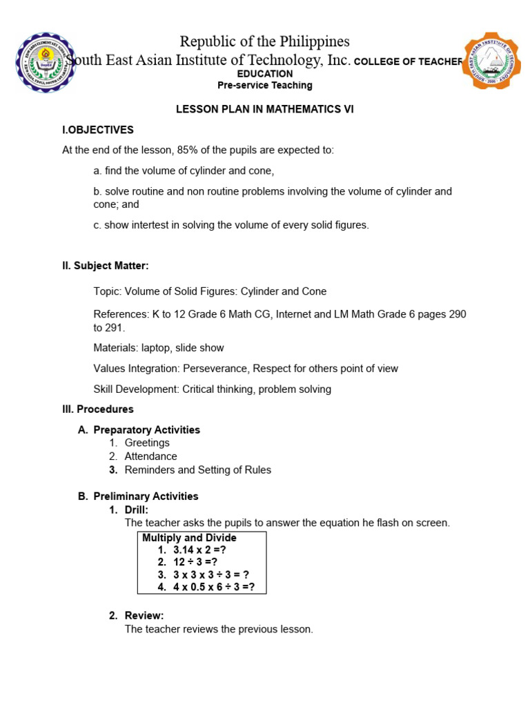 Final 6 Lesson Plan in Mathematics Vi | PDF | Volume | Area