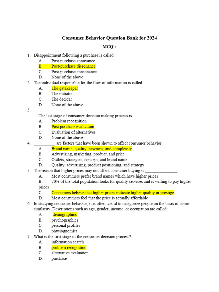 Question Bank CBB 2024 | PDF | Consumer Behaviour | Behavior