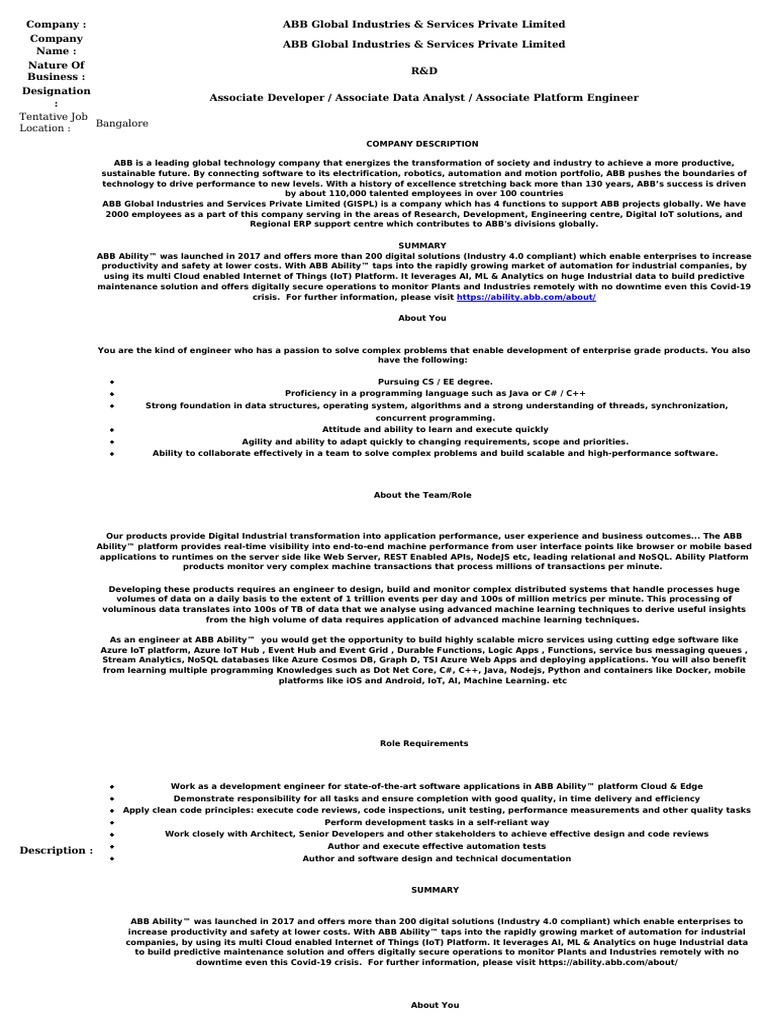 Abb Global Industries Amp Services Private Limited - Associate ...