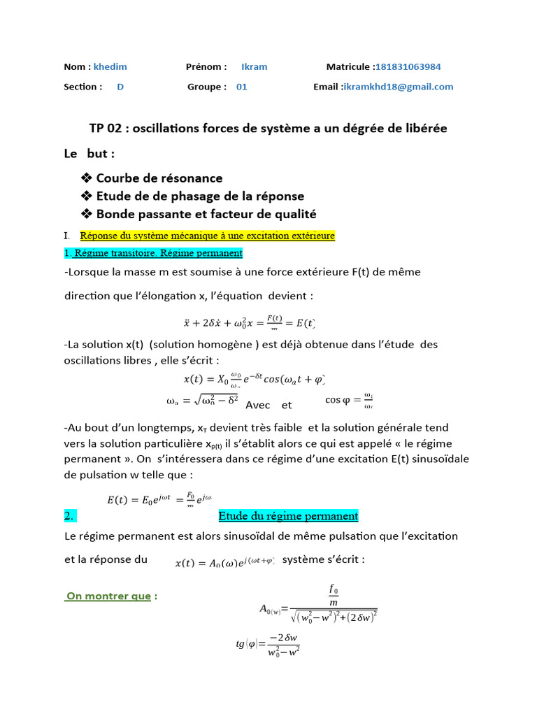 Calcul de la pulsation w en oscillations | PDF | Électricité | Métrologie