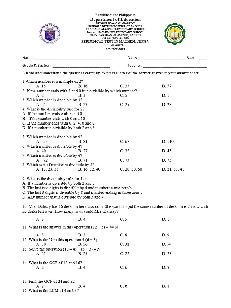 Grade 5 Math Test: 1st Quarter 2022-2023 | PDF | Multiplication ...
