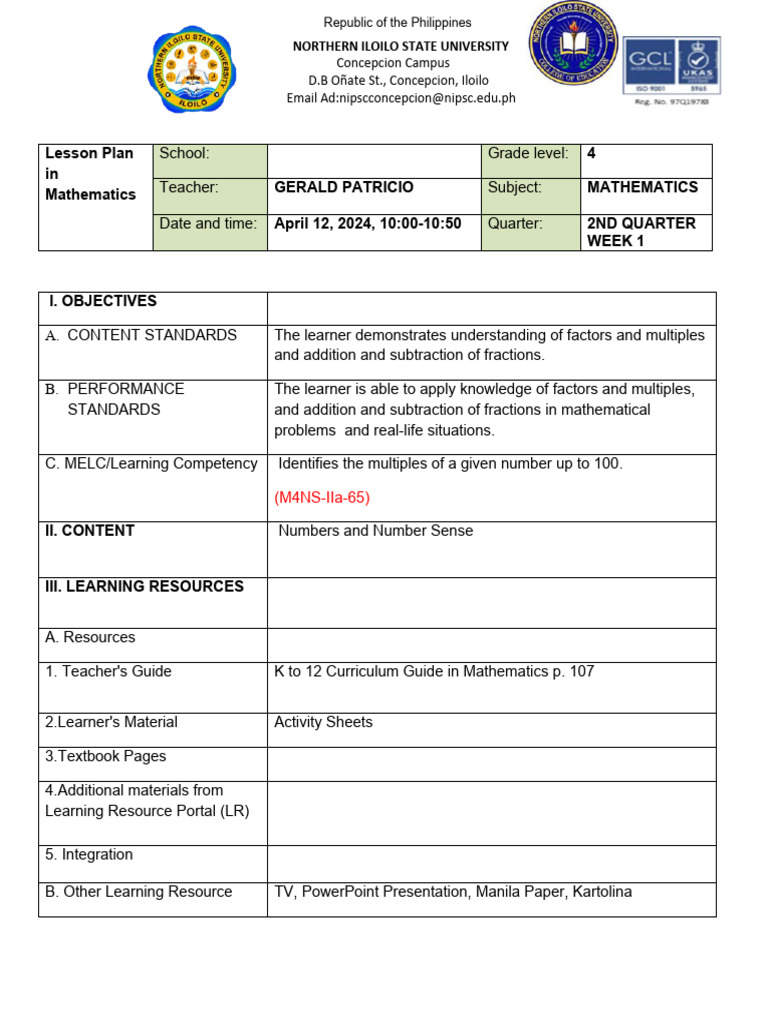 Grade 4 Math Lesson Plan: Factors & Fractions | PDF