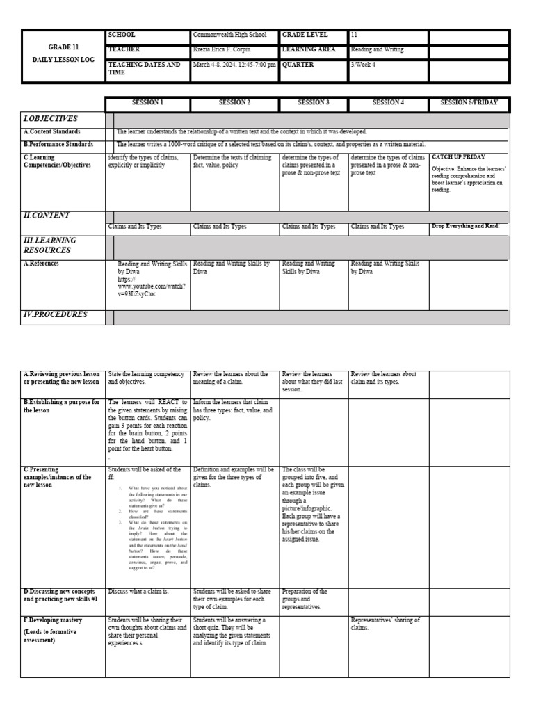 Reading And Writing Week 4 Pdf Learning Literacy