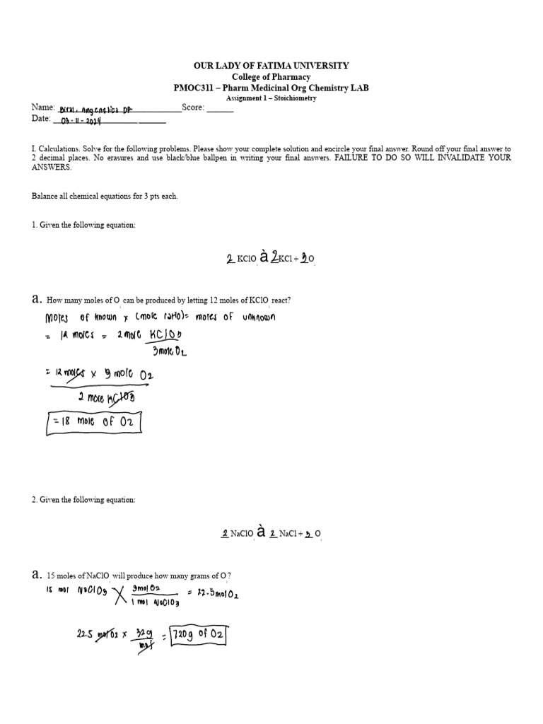 Assignment+1+stoichiometry Olfu Pharmacy | PDF | Iron | Mole (Unit)