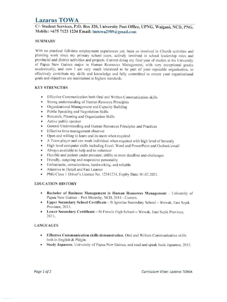 Sample CV With No Work Experiences - LT-1 | PDF