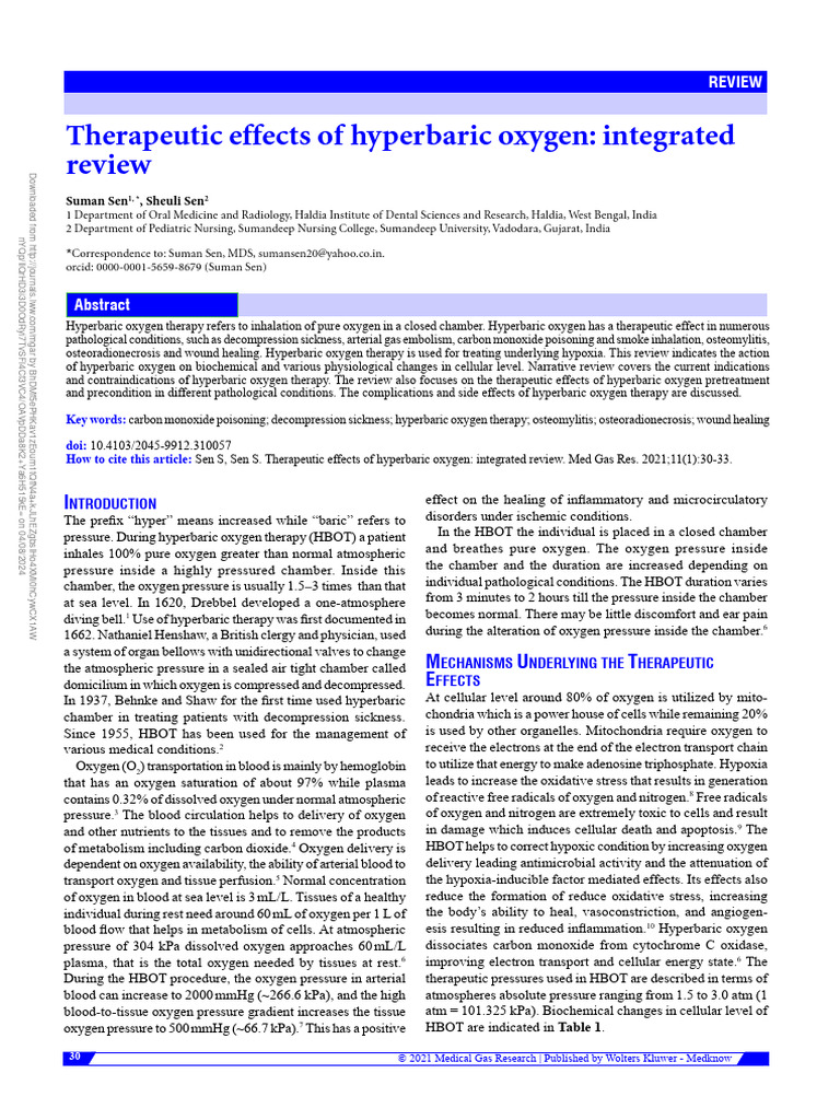 Therapeutic Effects of Hyperbaric Oxygen .6 | PDF | Blood | Oxygen