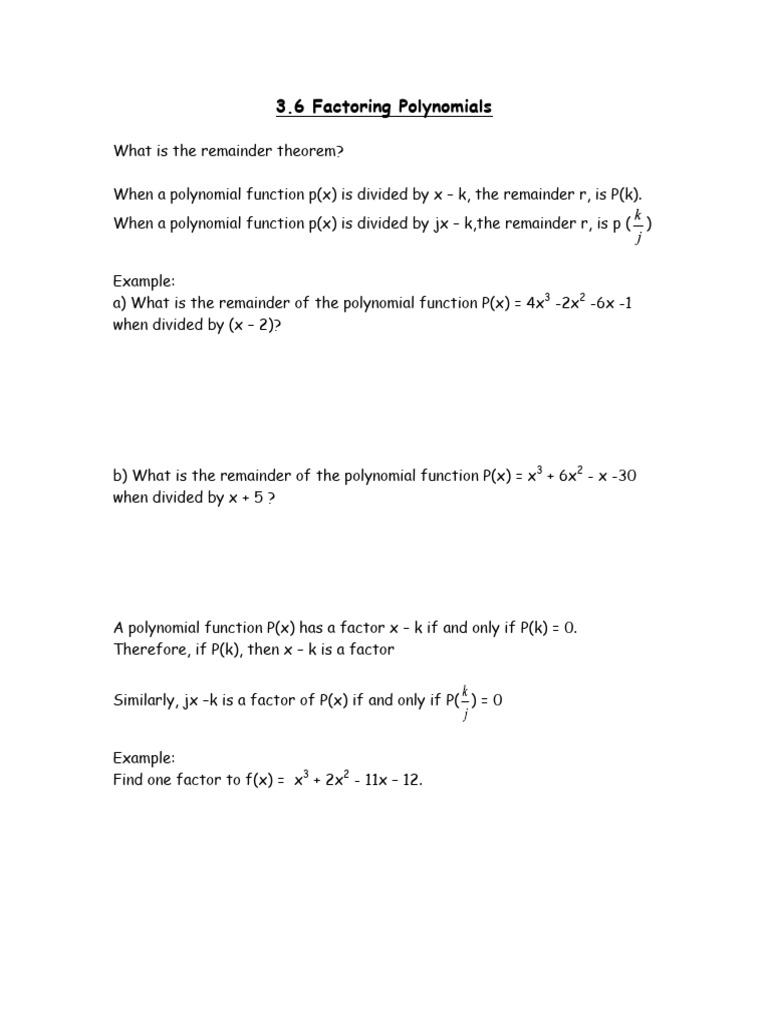 Remainder Theorem and Polynomial Factors | PDF