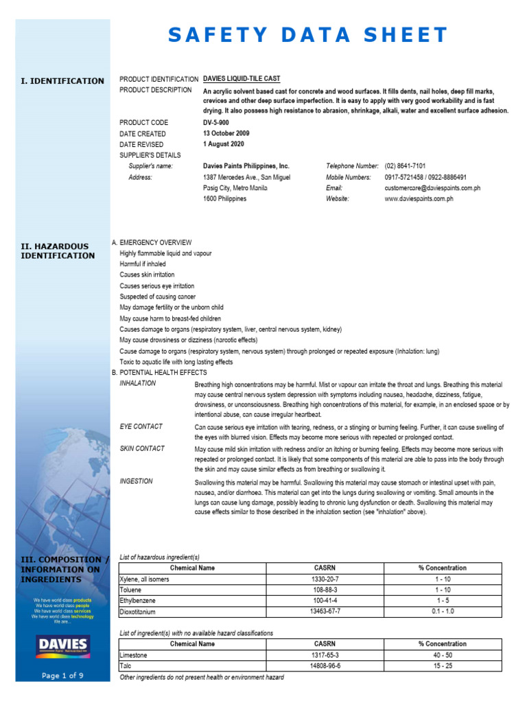 Davies Liquid Tile Cast Safety Data Sheet | PDF | Toxicity | Firefighting
