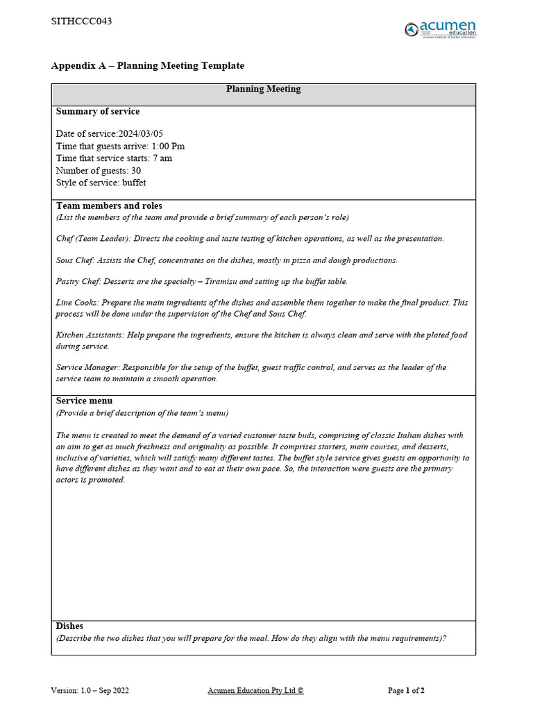 Planning Meeting Template for Buffet Service | PDF | Chef | Pizza