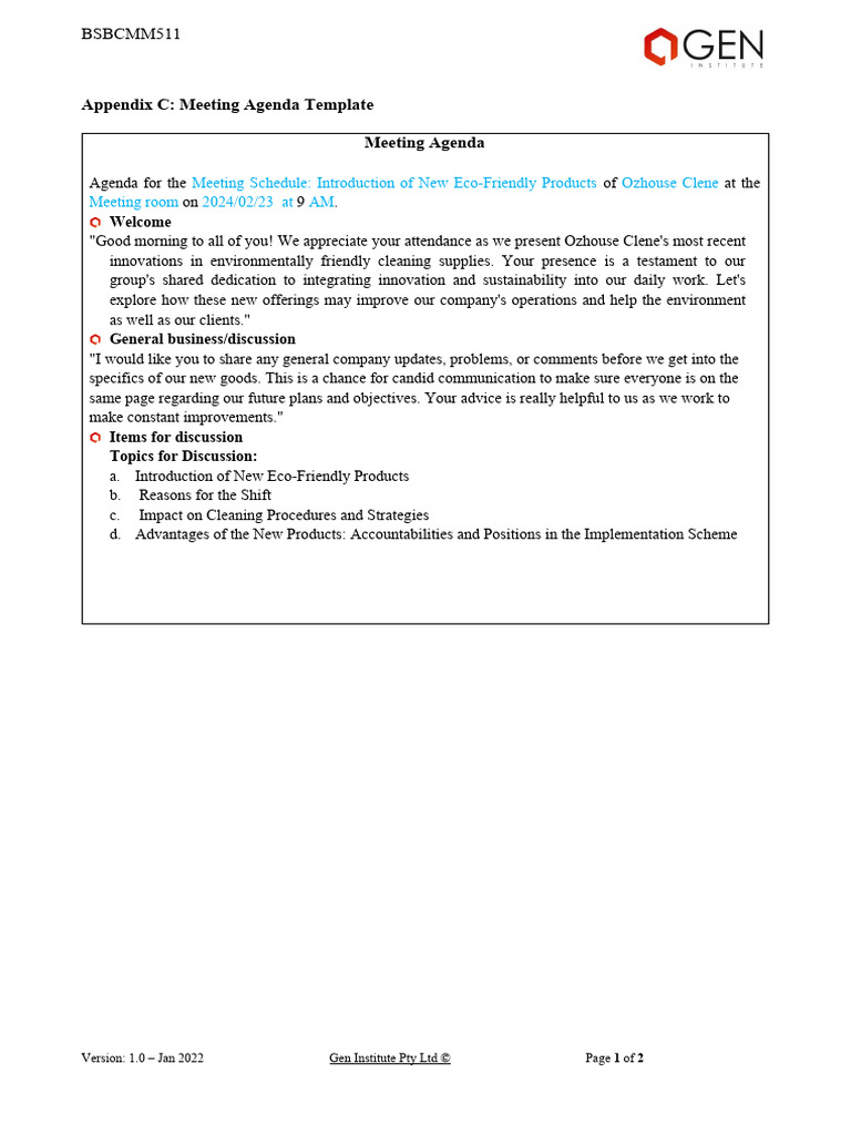 Appendix C - Meeting Agenda Template!! | PDF