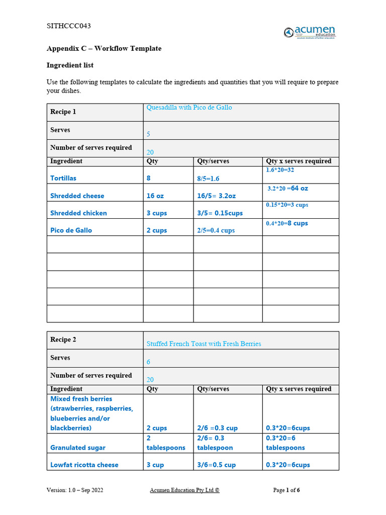 Ingredient Workflow for Breakfast Dishes | PDF | Teaspoon | Berry