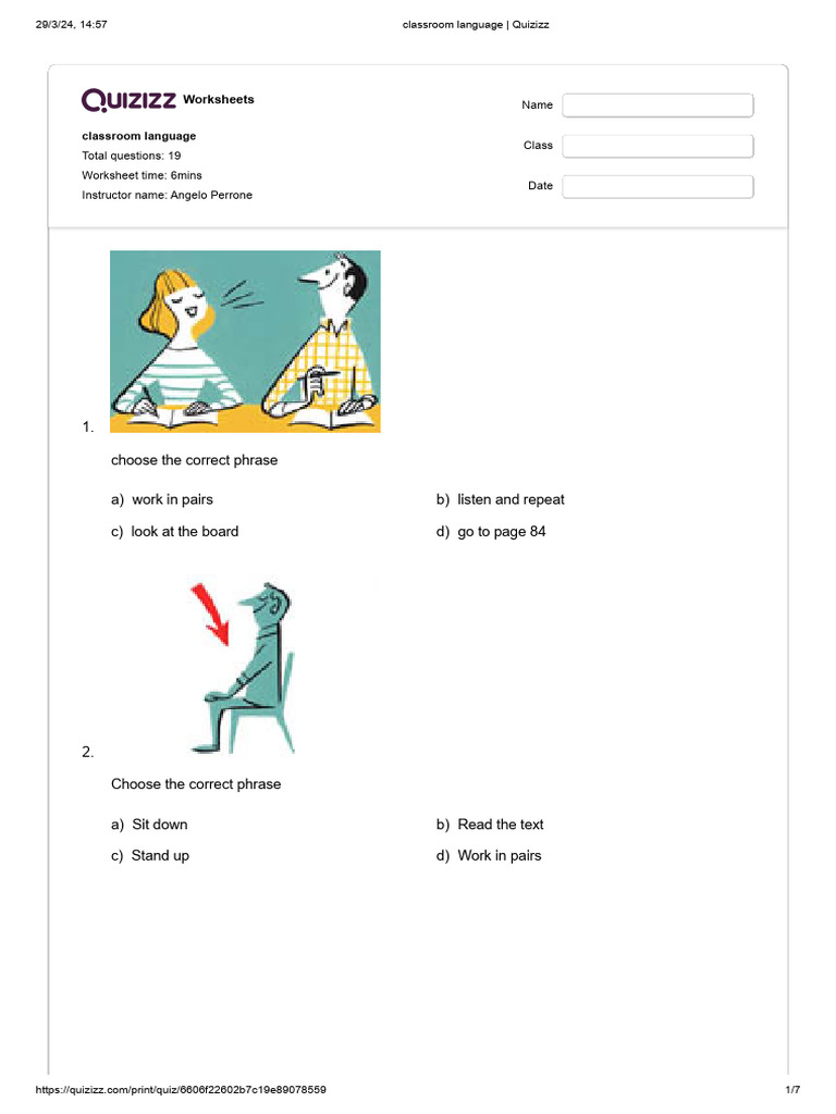 Classroom Language Quiz Worksheet | PDF | Human Communication | Learning