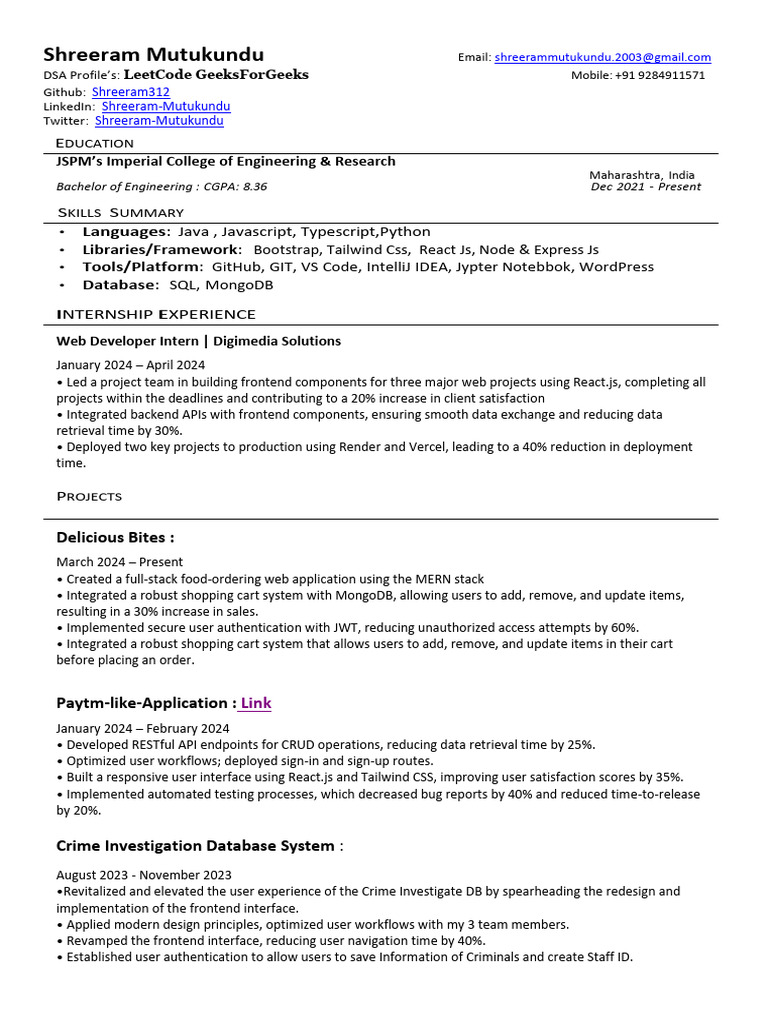 Shreeram312 Resume | PDF | World Wide Web | Internet & Web