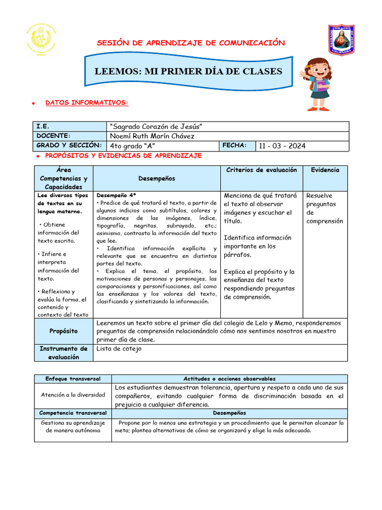 Aprendizaje sobre el Primer Día de Clases | PDF | Evaluación | Aprendizaje