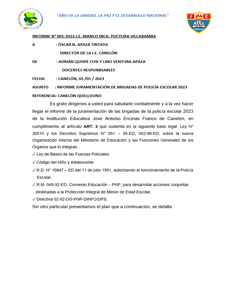 INFORME BRIGADA DE POLICÍA ESCOLAR 2023 CANELÓN | PDF | Policía | Gobierno