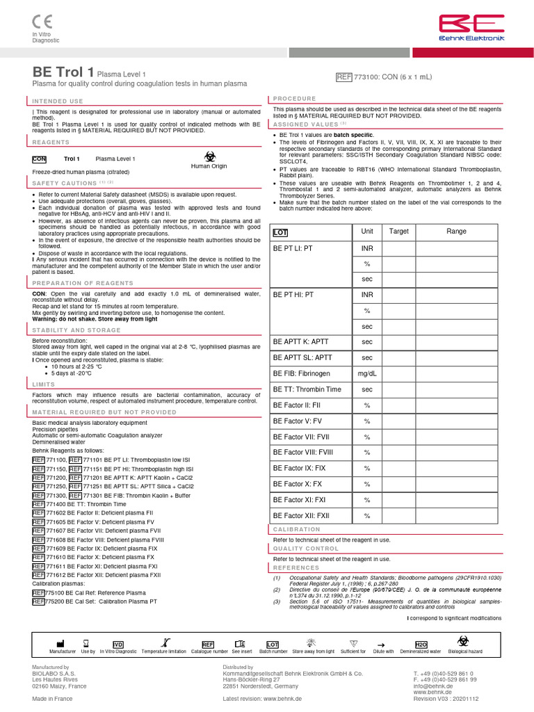 IFU BE Control Level 1 | PDF | Coagulation | Blood