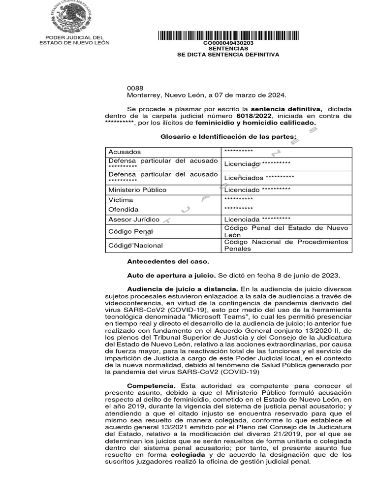 Sentencia por feminicidio en Nuevo León | PDF | Presunción de inocencia ...