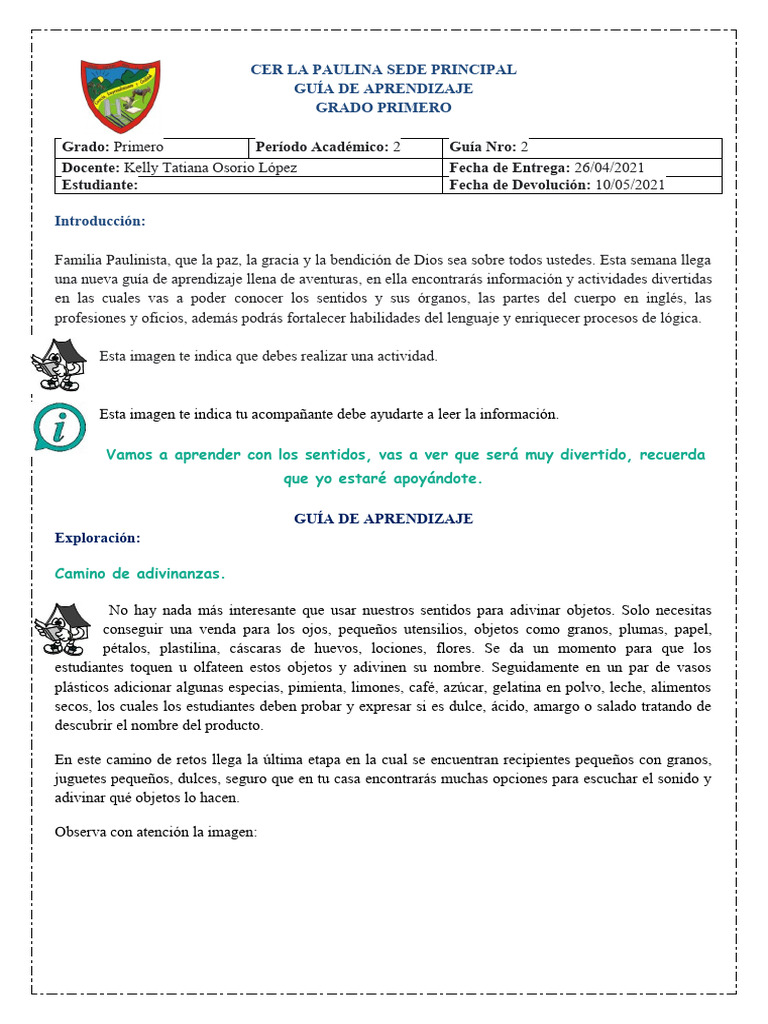 Guía de aprendizaje 2 Grado 1° P2 2021 | PDF | Percepción | Gusto