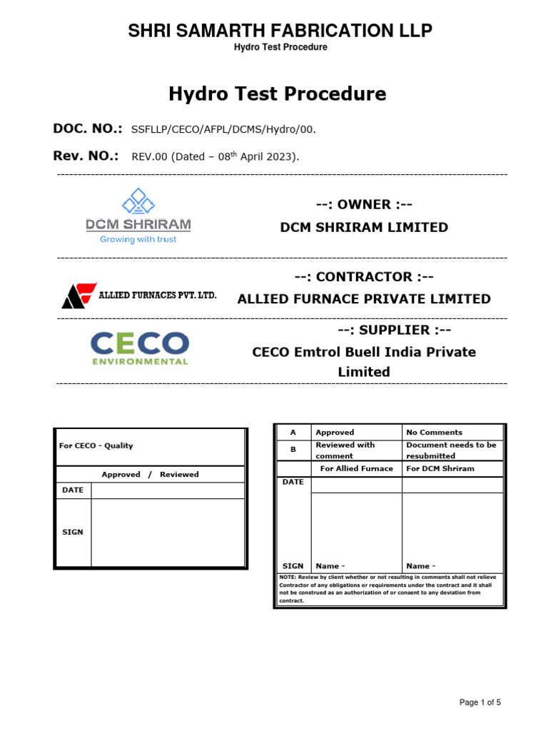 Hydro Test Procedure Overview | PDF | Welding | Construction