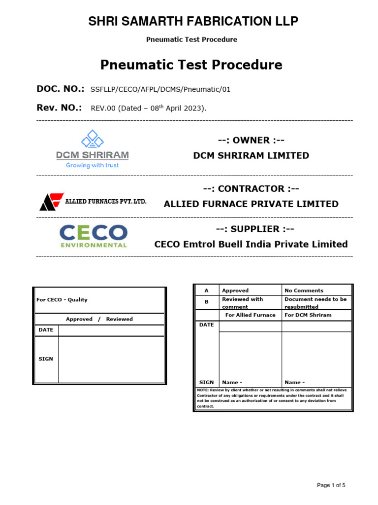 Pneumatic Test Procedure | PDF | Welding | Construction