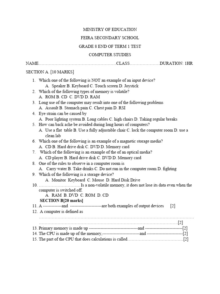 End of Term 1 Test g8 2024 | PDF | Computer Data Storage | Digital ...