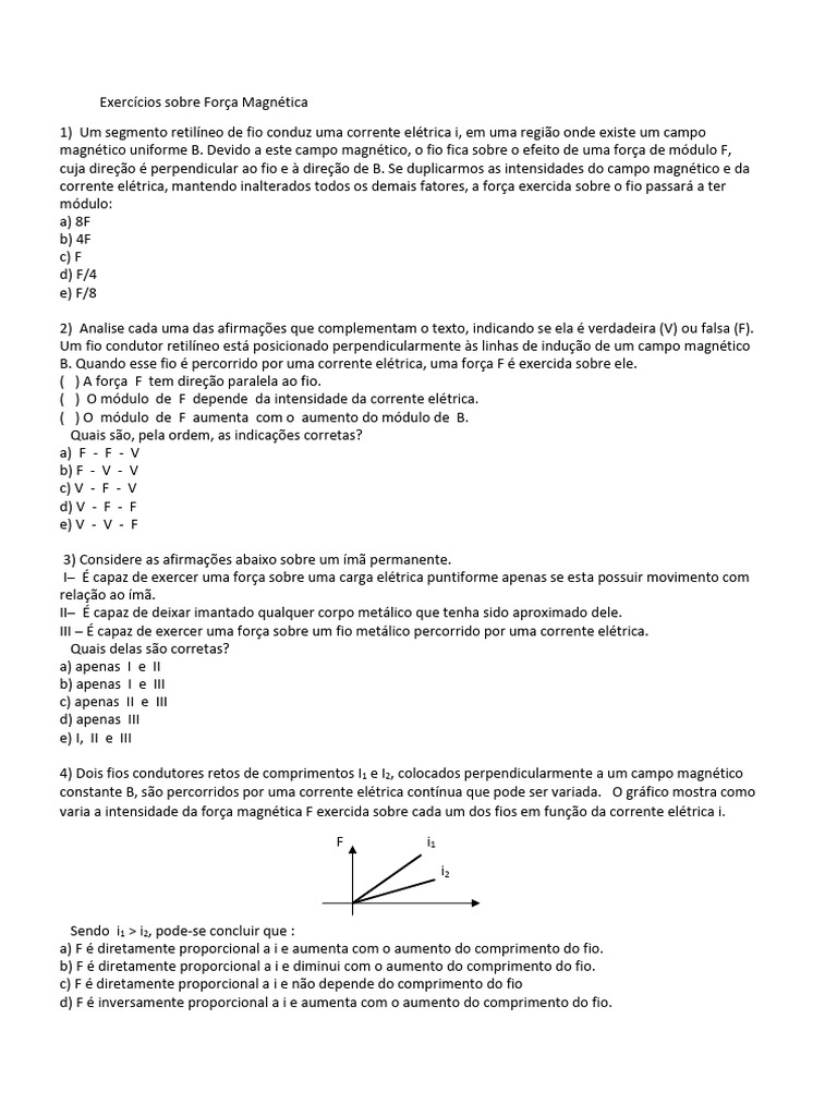 Exercícios sobre Força Magnética | PDF | Campo magnético | Magnetismo