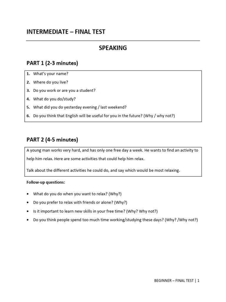 Intermediate Speaking Test Questions | PDF