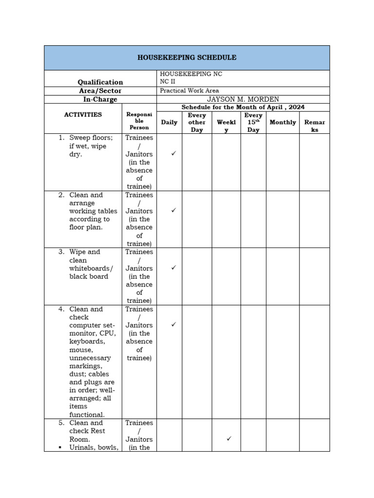 Housekeeping Schedule | Download Free PDF | Housekeeping | Vacuum Cleaner