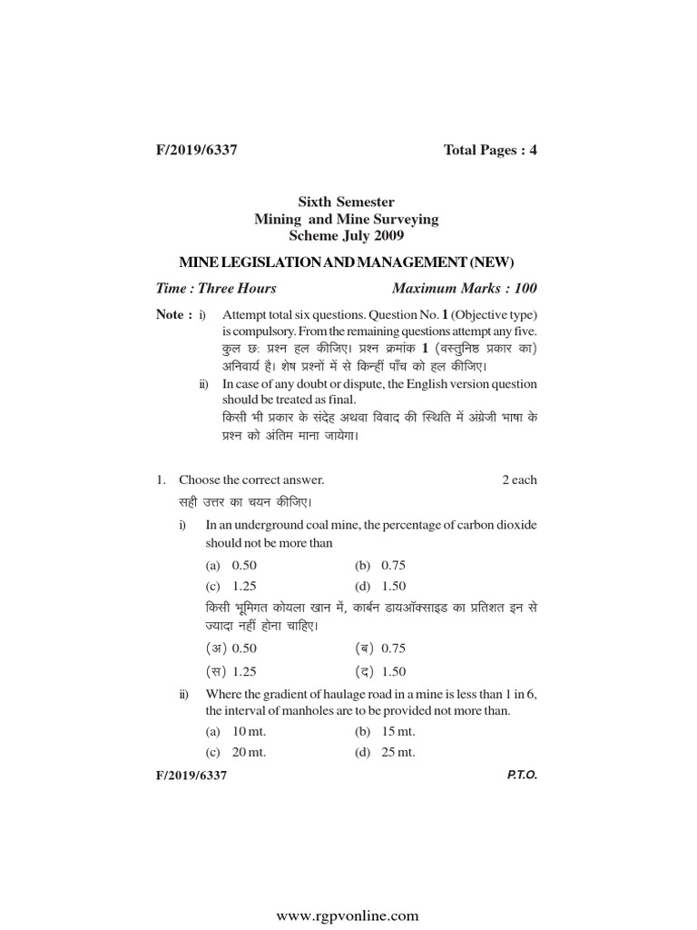 Mine Legislation and Management Exam Guide | PDF | Mining