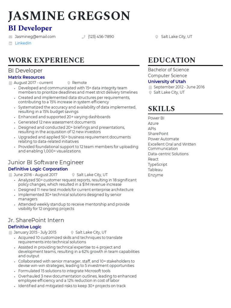 Jasmine Gregson - BI Developer Resume | PDF | Enterprise Architecture ...