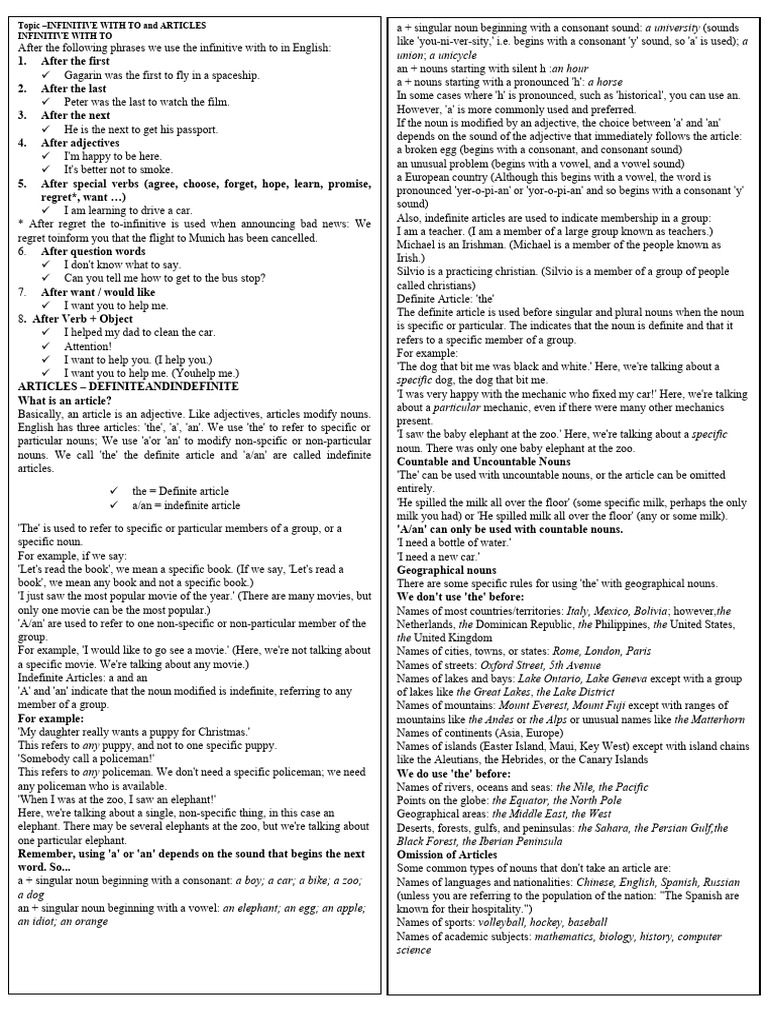 Infinitives and Articles in English | PDF | Noun | Adjective