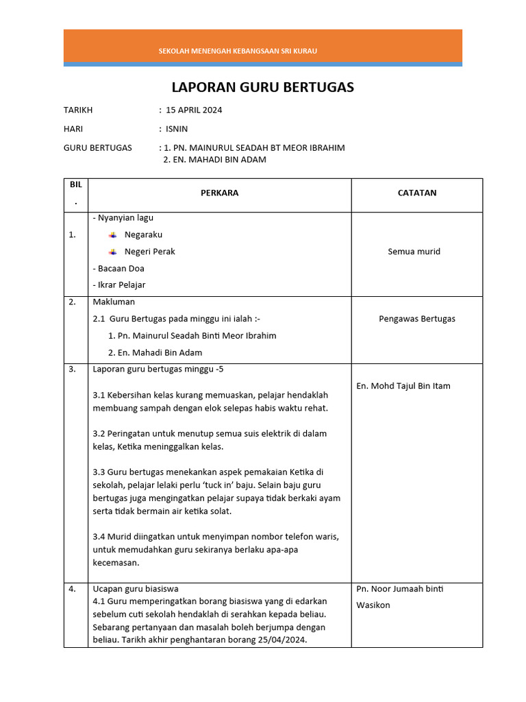 Laporan Guru Bertugas Pdf
