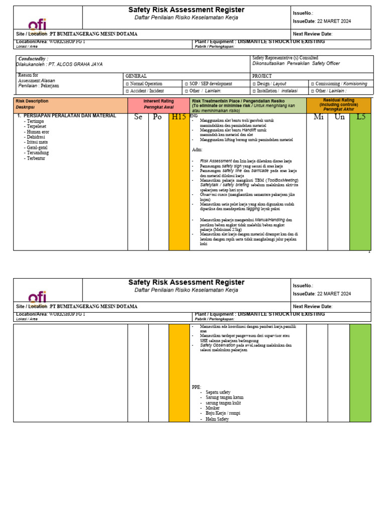 Form Risk Assessment Pembongkaran PRESS | PDF
