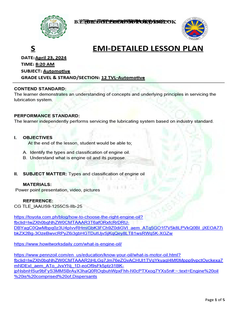 Moralde Lesson Plan 2 | PDF | Motor Oil | Oil