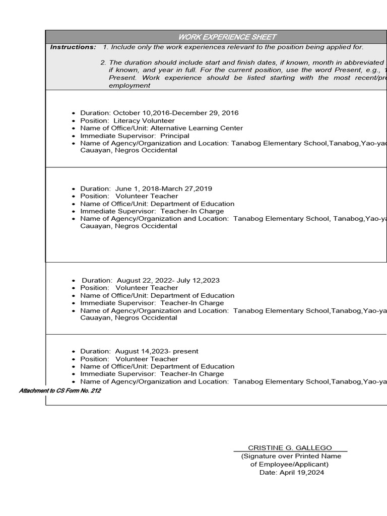Teacher Work Experience Sheet Sample | PDF | Behavior Modification ...