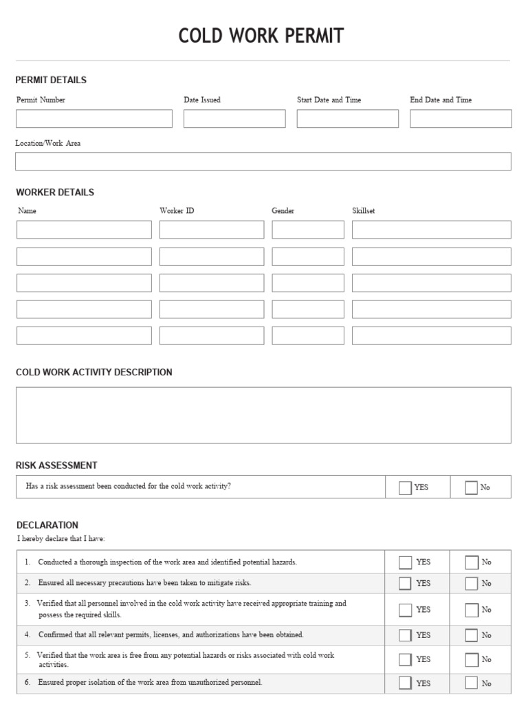Cold Work Permit Safety Checklist | PDF | Personal Protective Equipment ...