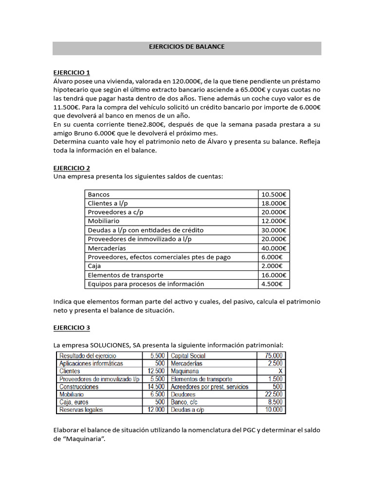 Ejercicios Balance I | Descargar gratis PDF | Hoja de balance ...