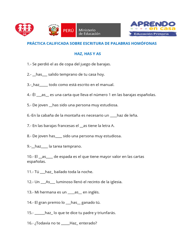 Práctica Calificada Sobre Escritura de Palabras Homófonas | PDF