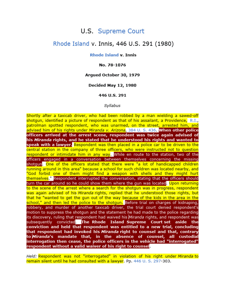 Rhode Island vs Innis PDF Miranda Warning Courts