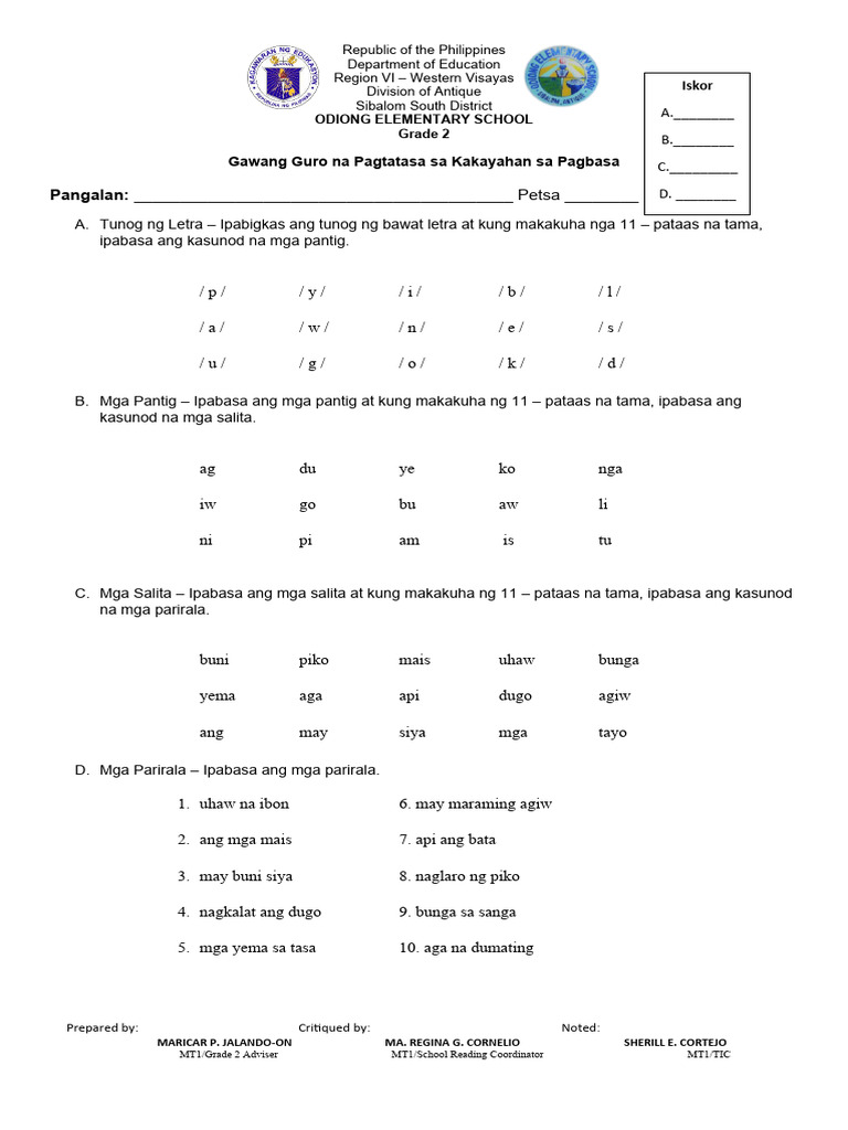 Filipino Reading Diagnostic Pdf