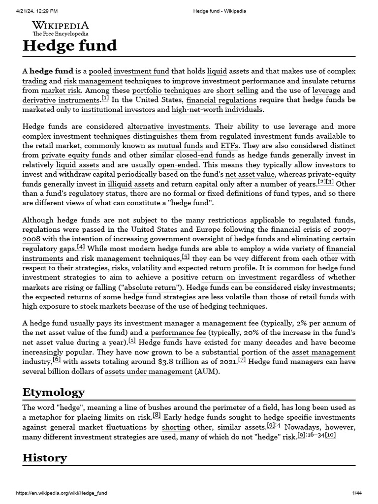 Hedge Fund - Wikipedia | PDF | Hedge Fund | Investment Fund