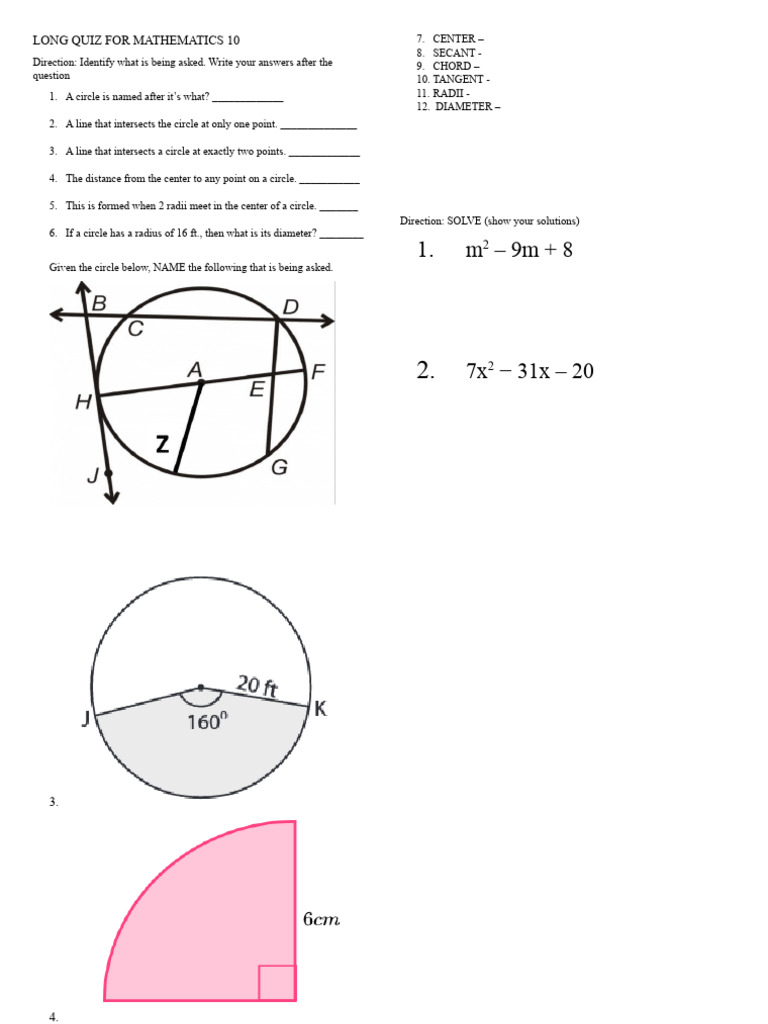 Long Math Quiz for Grade 10 | PDF