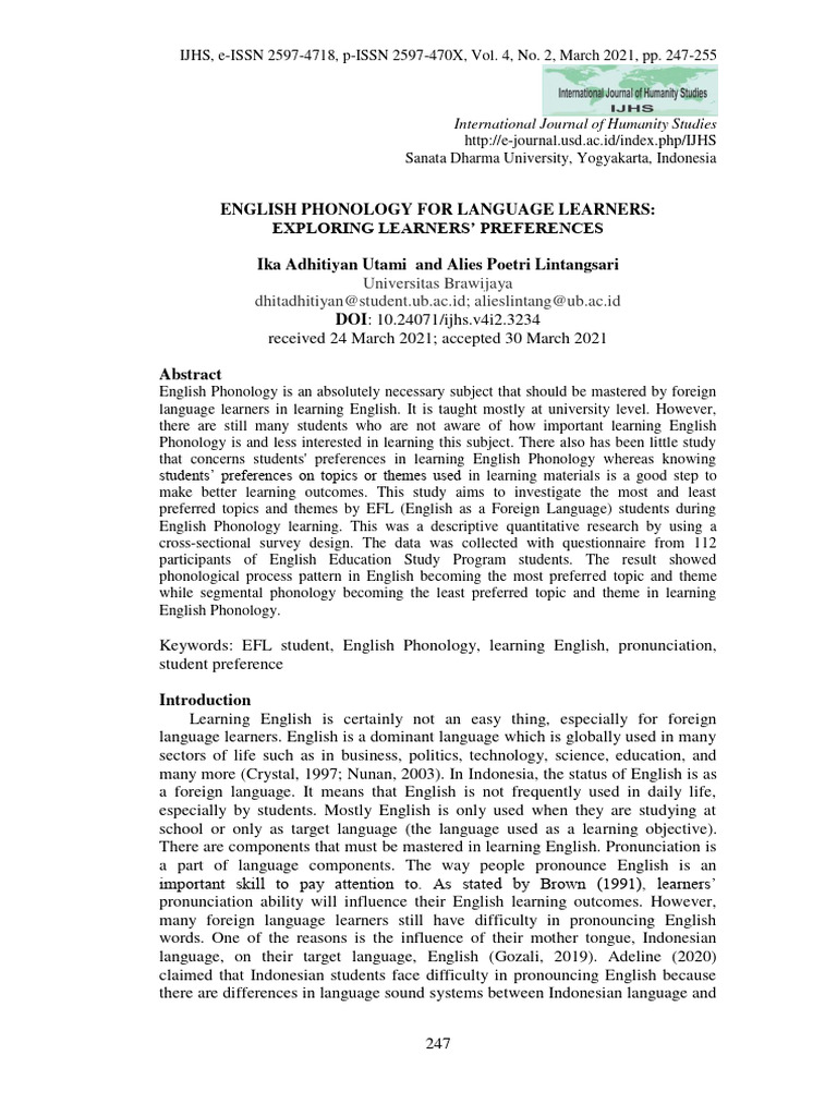 English Phonology Preferences in EFL Learners | PDF | Tone (Linguistics ...