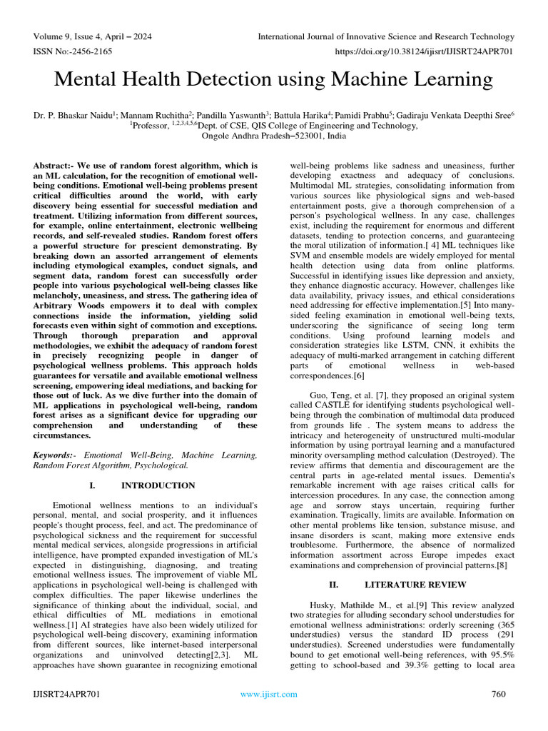 Mental Health Detection Using Machine Learning | PDF | Psychology ...