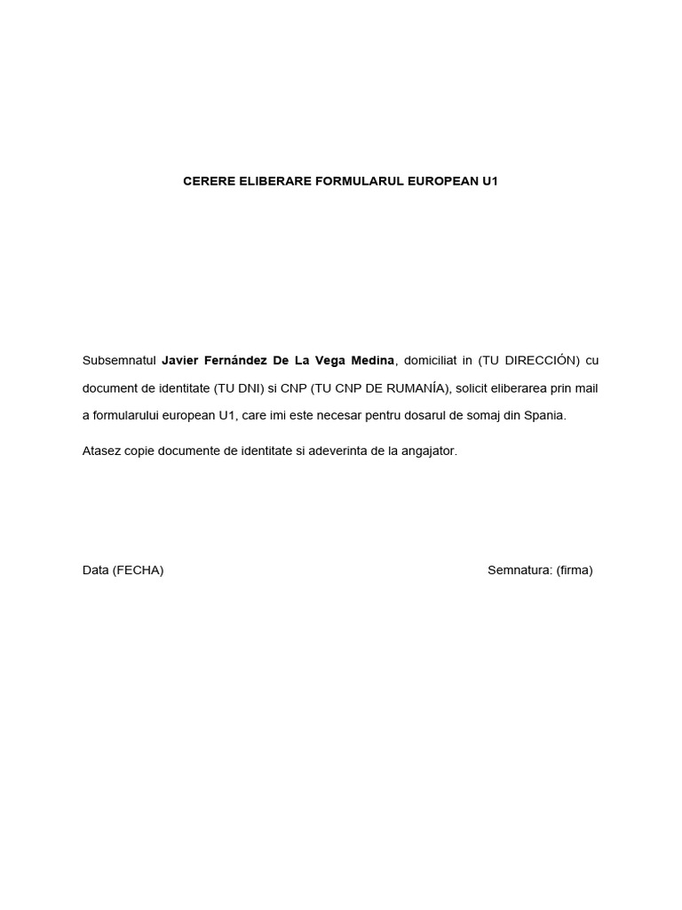 Cerere Eliberare Formularul European U1 | PDF