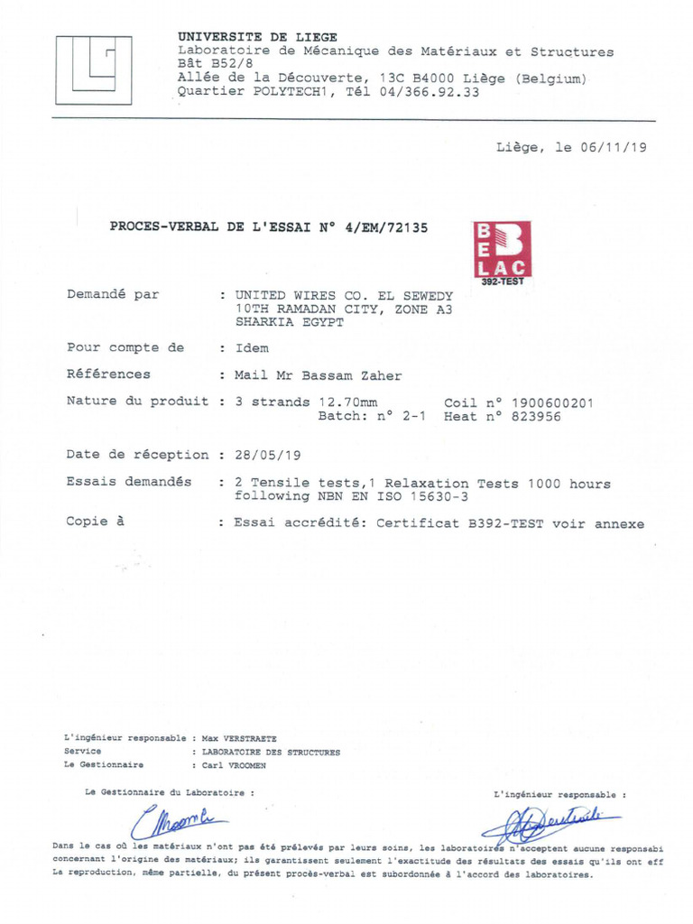 Test Certificate Belgian Lab - 12.7 MM | PDF