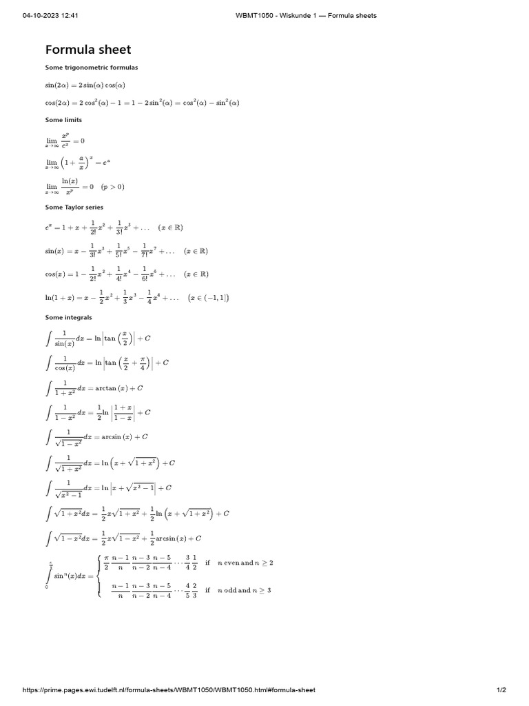 Calculus 1 Formula Sheet Overview | PDF | Tangent | Integral
