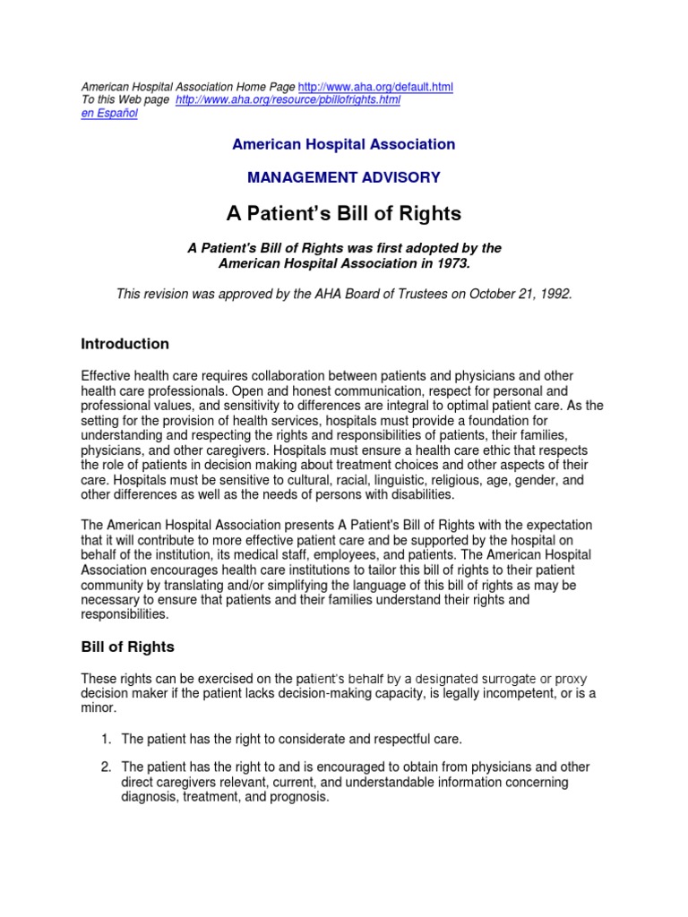 A Patient's Bill of Rights American Hospital Association Management