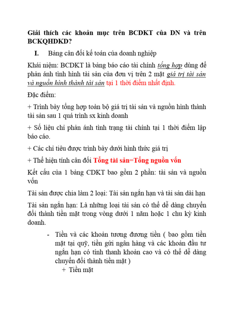Giải thích các khoản mục trên BCDKT của DN và trên Bckqhdkd? I | PDF